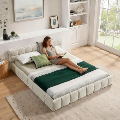 Yihomfy Doppelbett 140x200 cm, Bett mit seidig weichem Chenille - Bezug, quadratischem Steppdesign, aus ökologischem Eukalyptusholz und stabilem Eisenrahmen, Beige