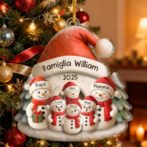 Decorazione Natalizia Personalizzata con Nomi – Pallina di Natale Acrilica di Neve, 2-8 Nomi, Addobbo Albero di Natale Personalizzato 2025, Regalo Originale per Famiglia(Berretto di Babbo Natale)