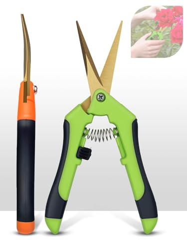 Linkgood 2 Stück Klein Gartenschere, 16,5 cm Länge, Trimmschere (Gebogenen) | Titanbeschichtete Klingen, Ergonomischer Griff, Bonsai Schere, Pflanzschere für Blumen, Früchte, Gemüse, Hecken (Grün&Orange)