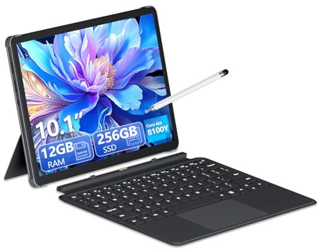 YOZISUAN 10.1 2 in 1 Tablet/Laptop Computer, 12GB RAM+256GB SSD, Touchscreen Laptops with Stylus and Keyboard, M3-8100Y Processor(up to 3.40GHz), Backlit Keyboard,WiFi 5, BT 5, HDMI, Dual Camera