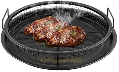 Backofen Grillkorb aus Kohlenstoffstahl mit Backblech | 30cm Airfryer-Grillkorb für fettarmes Knuspriges Gemüse & Pommes | Spülmaschinenfest & Antihaft (Schwarz)