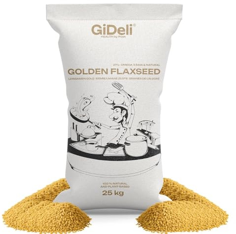 GiDeli Graines de Lin Doré 25kg - Haute Teneur en Oméga 3 et Fibres - Sans Additifs - Idéales pour la Boulangerie - Veganes - Complètes et Naturelles - Parfaites pour Muesli, Pain et Lait