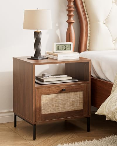 Apetaccat Mesita de noche de ratán, madera de nogal, mesita de noche boho con cajón y estante abierto, 47 x 39 x 54 cm, para dormitorio, salón