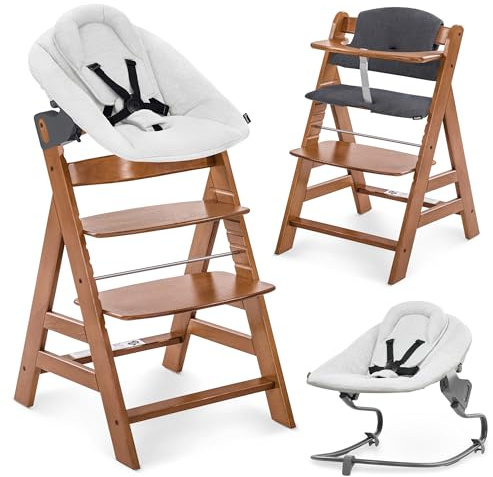 hauck Alpha+ Hochstuhl Newborn Set mit Premium Bouncer - Walnuss | Mitwachsender Holz Kinderhochstuhl ab Geburt bis 90 kg | inkl. Neugeborenenaufsatz & Sitzkissen