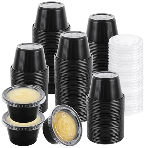 LDHHYH 300 Pack 4oz Sauce Pots with Lids, Plastic Sauce Pots Small Deli Pots, Black Disposable Sauce Cups Dipping Containers for Condiments, Ketchup, Takeaway, Parties, Catering