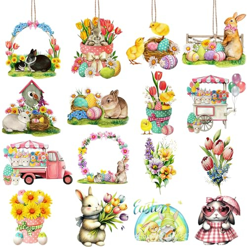 VARACL 32 PZ Decorazioni in Legno per Appendere a Tema Pasquale, Uova in Fetta, Coniglietto, Cestino, Pulcini, Ornamenti per Albero per Forniture per Feste di Pasqua, Decorazioni per la Casa in