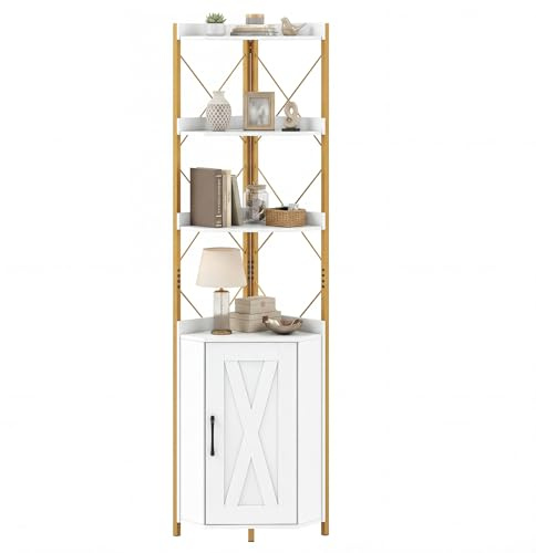COSTWAY 6-Tier Industrial Corner Shelf, Tall Storage Bookshelf with Door Cabinet, Freestanding Bookcase Display Shelving Unit for Home Office (Gold + White, 38 x 38 x 180 cm)