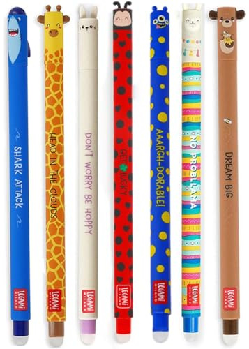 LEGAMI – Set aus 7 radierbaren Gelstiften mit wärmeempfindlicher Tinte, in verschiedenen Farben Marienkäfer, Lama, Bunny, Hai, Giraffe, Monster und Teddy 0,7 mm Spitze