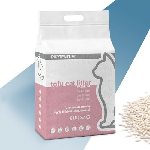 PORTENTUM Litiere Tofu Chat sans Parfum – 6 L de litiere agglomerante avec Controle des odeurs et Nettoyage Facile – Sac litiere Chat en pellets vegetaux jetables Qui Gardent Le bac Propre