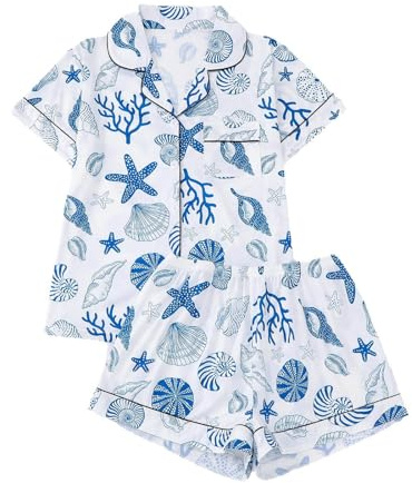 Set di biancheria da notte con pantaloncini, outfit da pigiama casual, comodo per l'estate, maglietta a maniche corte con dolce design a motivi floreali per la biancheria da notte a casa, Celeste., S