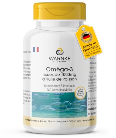 Oméga 3-240 gélules - 3000mg d'huile de poisson par dose journalière - EPA et DHA sous forme de triglycérides + vitamine E - HAUTEMENT DOSÉ - Qualité pharmaceutique allemande | Warnke Vitalstoffe