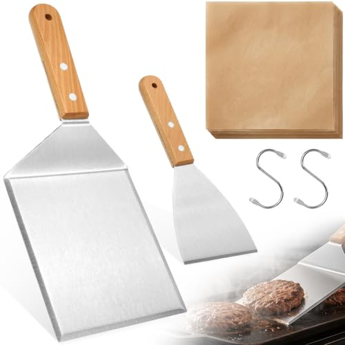 PULCINELLI 2 Pieces Spatule Cuisine INOX, Spatule Barbecue Manche en Bois | Spatule Plancha Inox, Spatule Métallique Large pour Hamburger/Barbecue/Pizza/Steak + 50 Papier Cuisson, 2 Crochets en S