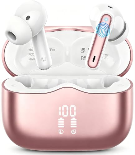 Wireless Earbuds, 2026 Bluetooth 5.4 Headphones in Ear 6D Bass Stereo, 40H Earphones with 4 ENC Noise Cancelling Mic, IP7 Waterproof USB-C, AI-Enhanced Calls Bluetooth Earbuds for Android iOS, Rose