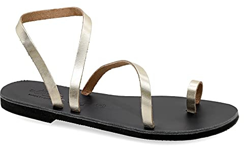 41 Gold Emmanuela Zehenring Sandalen aus Leder, hochwertige handgefertigte Slingback Sommerschuhe, Riemchen sandalen mit Knöchelmanschette, flache griechische Sandalen