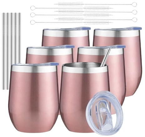 MEZMUT 340 ml isolierter Weinbecher mit Deckel, doppelwandig, Vakuum-Edelstahl, Weinglas, Kaffeebecher, isolierter Becher für Champaign, Cocktail, Bier (Roségold, 6 Stück)