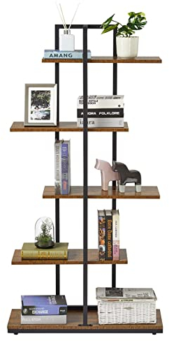 Mondeer Bücherregal, Standregal, 5 Lagiges Asymmetrisches Split-Level Lagerregal, Retro-Industrie Stil Ausstellungsregal, Offene Regalebene, für Wohnzimmer Büro Schlafzimmer, 74 x 28 x 145 cm, Braun