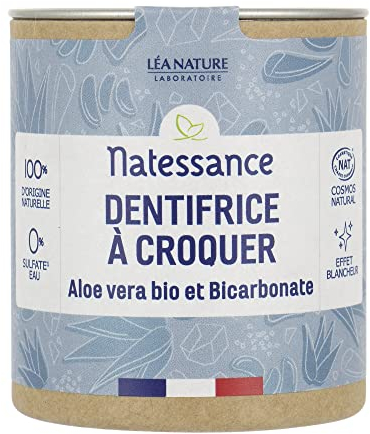 Natessance - Dentifrice À Croquer - Les solides - Aloe Vera Bio Et Bicarbonate - Certifié Bio Cosmos Organic - Pot en carton 100% recyclable 80 comprimés