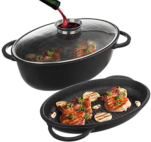 Orion Group Bräter Induktion mit Granitbeschichtung | Bratentopf Schmortopf mit Deckel Grilltopf Grillpfanne Gusseisen | Topf Backofengeeignet 3in1 | GRANDE 10 l | Schwarz