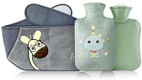 Rightwell Hot Water Bottle with Soft Plush Waist Cover Belt - 1000ml Wearable for Pain Relief in Neck, Shoulder, Hands, Back, Legs, Waist - Grey + Green, 399.0 Gram