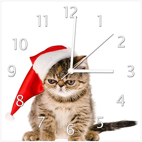 Wallario Design-Wanduhr Ich Hasse Weihnachten - mürrische Katze mit Weihnachtsmütze aus Glas, Motiv-Uhr Größe 30 x 30 cm, weiße Zeiger