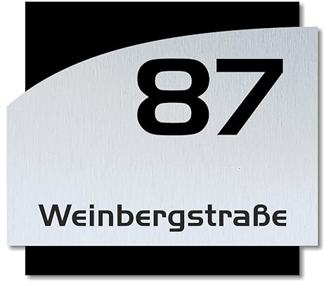 Hausnummernschild Curved von EDS-Werbemedien - Hochwertiges Hausnummer Schild in Edelstahl-Design - Individuell personalisierbares Haus Nummernschild aus UV- und witterungsbeständigem Material