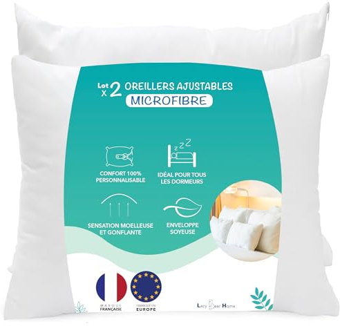 Lazy Bear Home | Oreiller 60x60 Lot de 2, Enveloppe Soyeuse Microfibre, Garnissage Fibre Creuse siliconée, Coussin Ajustable en Hauteur, Marque Française, Fabriqué UE (Microfibre, 60_x_60_cm)