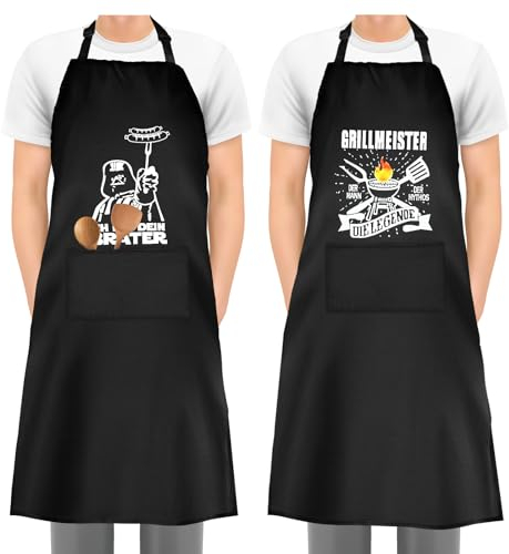 GOTRUST 2 Stück Grillschürze für Männer, Schwarz Kochschürze Herren, Wasserdicht Verstellbare BBQ Schürzen mit Doppeltasche, Persönlich Grillen Geschenk für Chefkoch Ehemann Vatertag