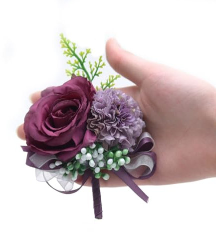 Hrlace 2 Stück Hochzeit Boutonniere Künstliche Rosen Blumen Seide Blumen Ansteckblume Braut Bräutigam Kleider Zubehör für Hochzeiten Jubiläen Bankette Tanzpartys Dark Lila
