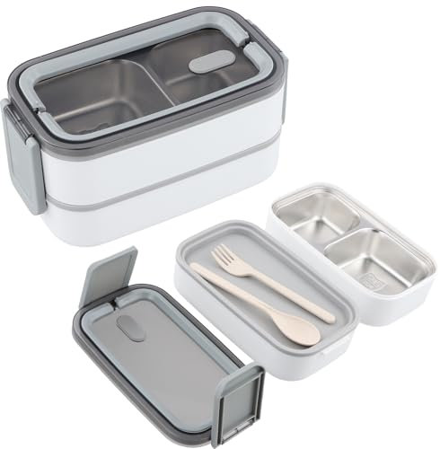 Lunchbox Bento in Acciaio Inox - 2 Piani con Scomparti, Senza BPA,Scatola per Il Pane per Adulti,Lunchbox in Acciaio Inox 304 Ecologica,Antigoccia,Adatta al Microonde - Per Bambini & Adulti,Bianco