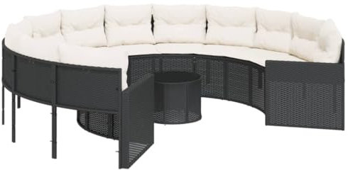 vidaXL Gartensofa mit Tisch und Kissen Rund Schwarz Poly-Rattan, Terrassensofa, Loungesofa, rundes Sofa, Outdoor Sofa, Loungemöbel, Sofa rund