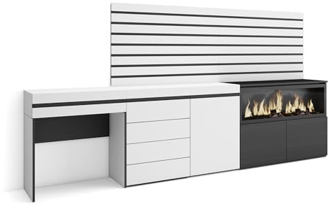 Skraut Home | Schminktisch | Frisiertisch mit Stauraum | 284x145x35 cm | mit Schublade | Elektrokamin XXL | Kommode mit Schubladen | Lamellenwand Holz | Moderner Stil | Weiß