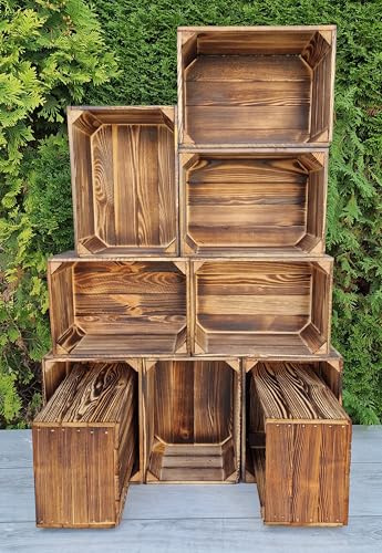 PYXIDAS Cassette in legno effetto legno bruciato - misura media, adatte ad essere utilizzate come contenitori decorative, resistenti e pulite 35x25x18 (Effetto Bruciato 10 Cassettine, 35x25x18)