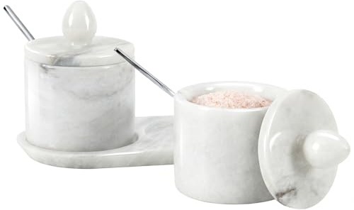 Saltburk i marmor med lock och bricka 10 cm vit handgjord saltbehållare, set med 2 kryddburkar, kryddförvaringsbehållare för köksbänk, kryddburkar sockerskål