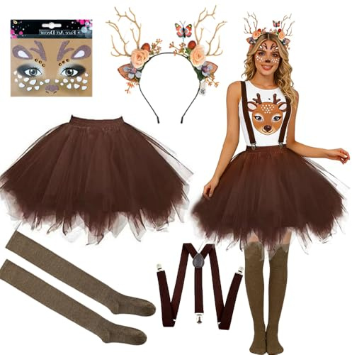 Rentier Kostüm Damen, Tierkostüm Erwachsene mit LED Rentier Haarreif und Tüllrock Reh Socken Hosenträger für Karneval Halloween Weihnachten Elch Cosplay Kostüm Mottoparty mit Gesichtsaufkleber