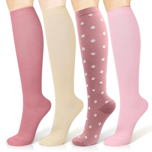 Mugust 4 par kompressionsstrumpor för kvinnor, män, färgglada stödstrumpor, kompressionsstrumpor, stödstrumpor, resestrumpor för flygning, sport, löpning, cykling, APack, L/XL