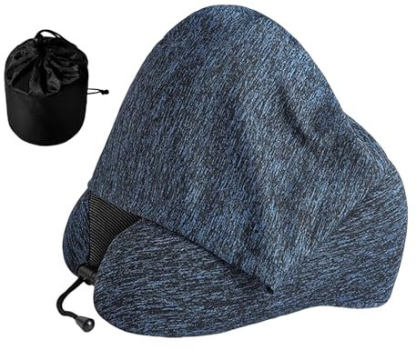 Porceosy Coussin de cou de voyage avec capuche en mousse à mémoire de forme en forme de U avec cordon de serrage réglable respirant pour avion, voiture, longs vols, voyages en voiture, bleu