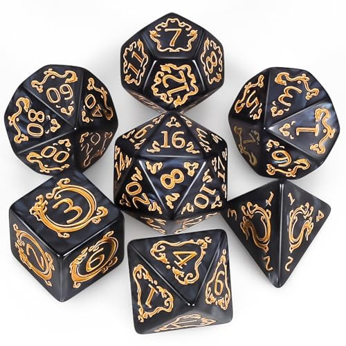 QMAY Polyhedral Spielwürfel - 7 Stück Würfel (Schwarzes Drachenmuster) | Tischspiele Dice mit Beutel für Dungeons and Dragons Pathfinder RPG MTG D&D D20, D12, D10, D%, D8, D6, D4