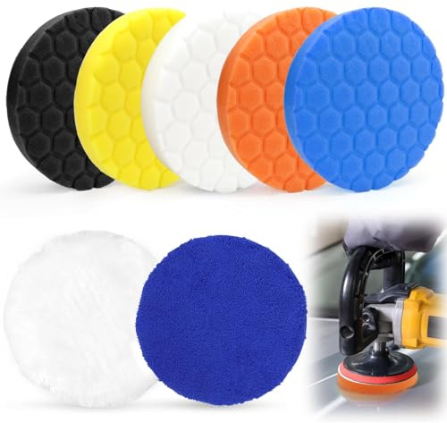 NCTNCX Spugna per lucidatura, 7 pezzi, tamponi per lucidatura, 150 mm, set di spugne per lucidatura a nido d'ape, in schiuma lucidante per avvitatore a batteria, per lucidatrice eccentrica (7)