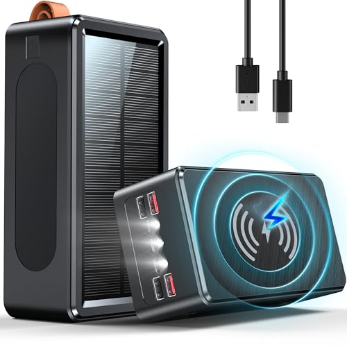 Solar Powerbank 90000mAh: PD 35W USB C Power Bank Solarpanel Schnellladen mit 7 Port (4 USB & 2 Type-c), 15W Wireless Charger, LED Leuchtanzeigen, Taschenlampe, Externe Handy-Akkus für Smartphones