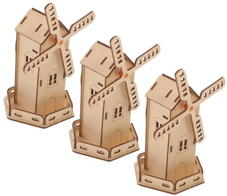 SUPVOX 3pcs Solar Powered Windmill Model Kit for DIY Wooden House Construction Stem Educational for Group Play and Solar Energy Learning