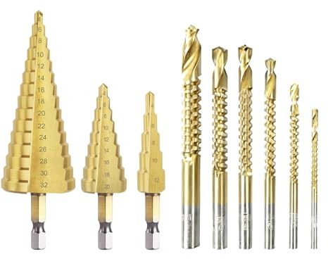 HSS Step Bits, 9 Pcs Drill Bit Sets, Step Drill Bit | Cone Cutter Metal Drill Bits, Twist Drill Bit Set for Hard Steel Wood and Plastic