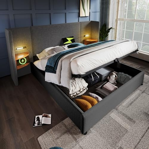 DACHETOU Polsterbett 180 × 200 cm Doppelbett mit Nachttisch, Leselampe, Bettanlage Stauraumbett Bettgestell mit Lattenrost aus Massivholz und Metall, Grau, Leinen (Ohne Matratze)