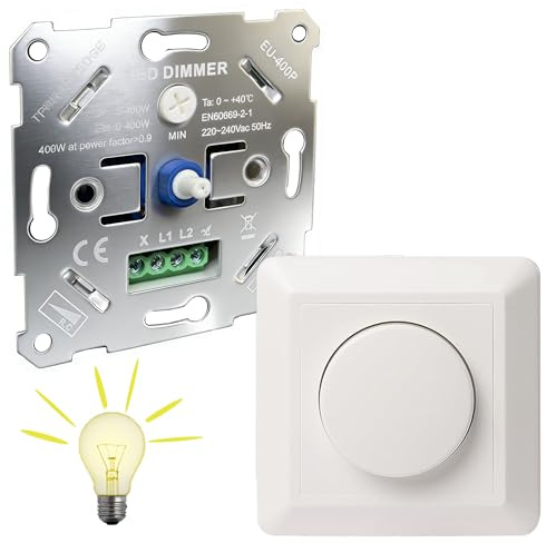Variateur LED, Variateu-r avec bouton, 5-400 Watts, Inclus Plaque Blanche, Variateur Universel LED, Interrupteur Variateur