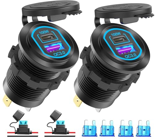 Paquete de 2 Toma USB C 12 voltios Puerto USB PD 100W para Ordenador portátil y Toma de Cargador para Coche QC3.0 18W Aleación de Aluminio, Carga rápida, Montaje Empotrado Sustitución del Encendedor