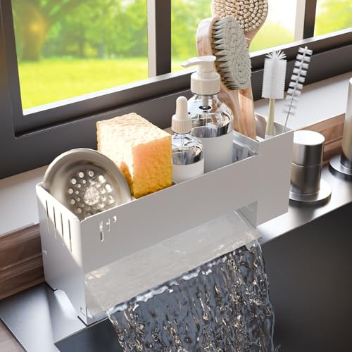 Wantocore Schwammhalter Spülbecken - Spülbecken Organizer aus Metall mit Abtropffläche, Spüle Ablage für Schwamm und Bürste, Spülbecker Organizer rostfrei, kompakter Küchen Organizer