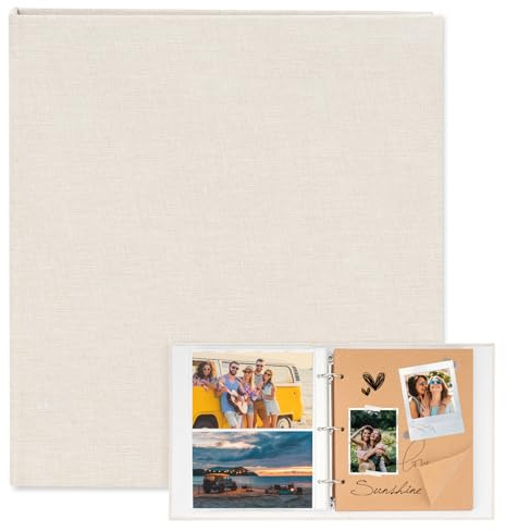 Leinen Fotoalbum zum Selbstgestalten, Fotoalbum Einsteckalbum mit 200 Folientaschen(10x15) und 30 Hochwertiges Papier, Platz für 300 Fotos,21x23cm Robustes Fotobuch für Geschenk Familie Freunde-Beige