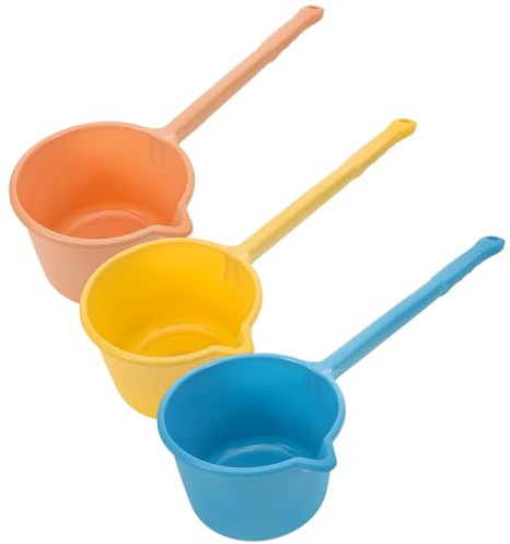 SAFIGLE Cucharón de Agua Multiusos Mango Largo Ergonómico, Pala de Agua Doméstica en 3 Colores (amarillo, Rosa, Azul) para Baño, Cocina y Riego, Utensilio Práctico Hogar y Restaurante