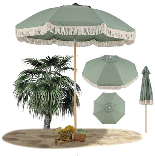 RELAX4LIFE Parasol de Plage Vintage à Franges Ø170cm Inclinable à 30° &Anti-UV avec Mât en Bois de Hêtre, 8 Baleines en Fibre, Style Bohème pour Jardin Terrasse Plage Balcon Pique-nique (Vert)