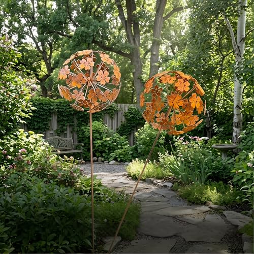 2 Stück Gartenstecker Blume Rost Deko, Metall Naturrost, Rostdeko Gartendeko Metall Rost Flower Ball, Gartenkugeln für Garten, Terrasse, Balkon, Vorgarten & Außenbereich Gartenstecker frühling (A)