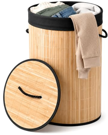 Besto Bamboo Laundry Basket | (60L Capacity) Round Collapsible Laundry Basket with Lid | Laundry Hamper with Carry Handles & Removable Laundry Bag | Wooden Laundry Basket for Everyday Washing